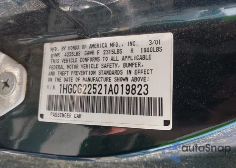 2001 Honda Accord 3.0 Ex from USA, damaged, VIN 1HGCG22521A019823